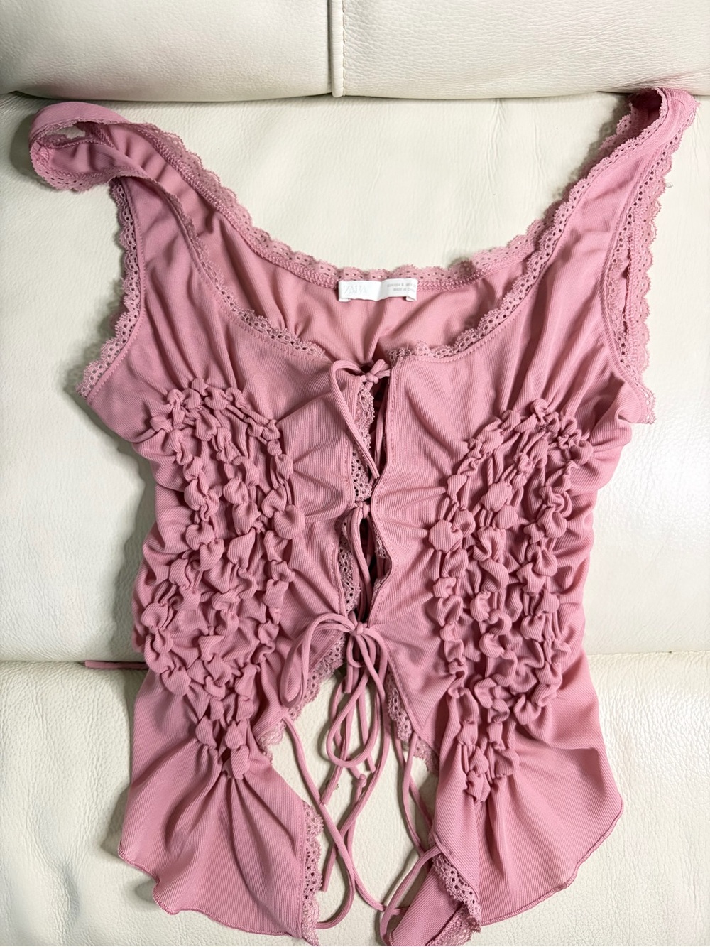 Zara Dusty Pink Lace-Trim Tie-Front Camisole